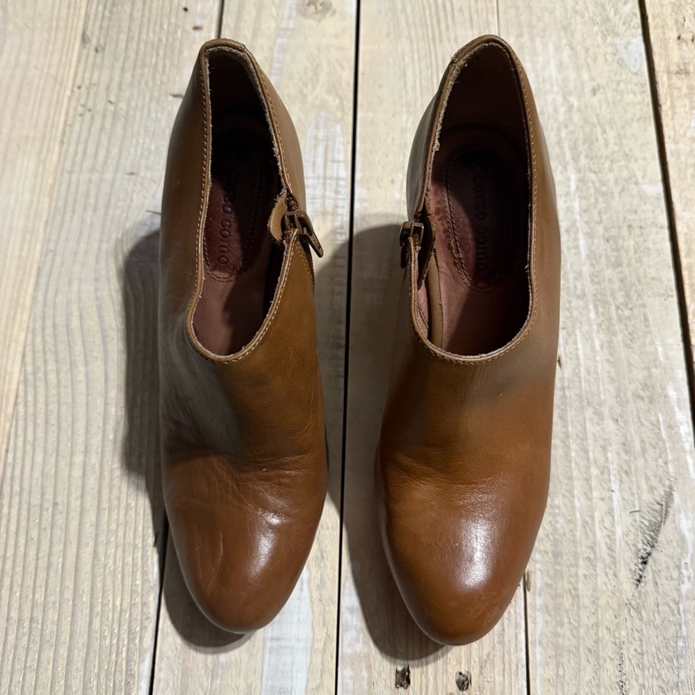 Corso Como Brown Leather Block Heel Side Zip Boots Booties - Picture 2 of 4